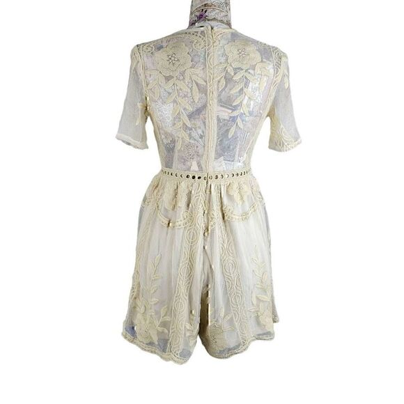 Alythea Sheer Embroidered Neutral Feminine Cottagecore Dress Shorts Romper - Picture 6 of 10
